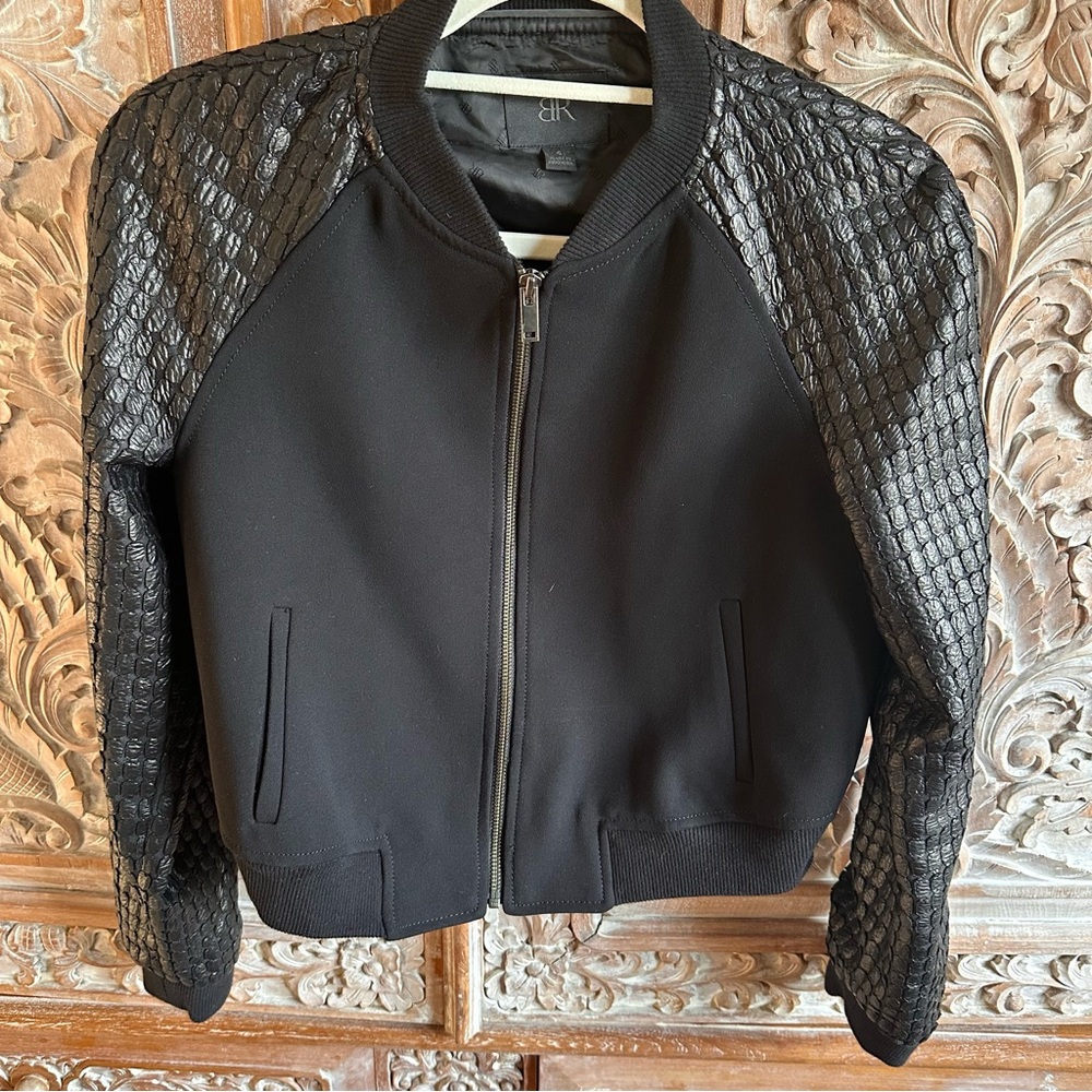 Black Bomber Jacket with Textured Sleeves